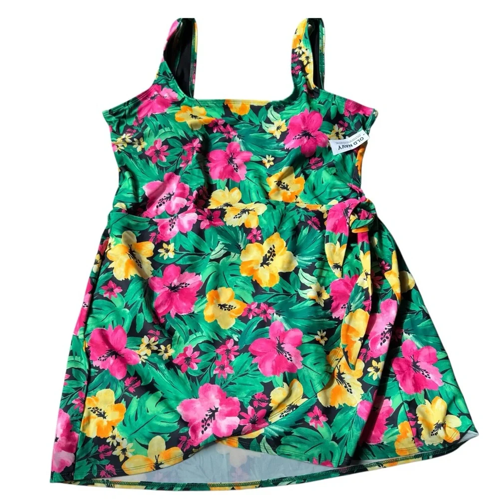 Old Navy Tropical Floral One-Piece Swim Dress in Green, Pink & Yellow
